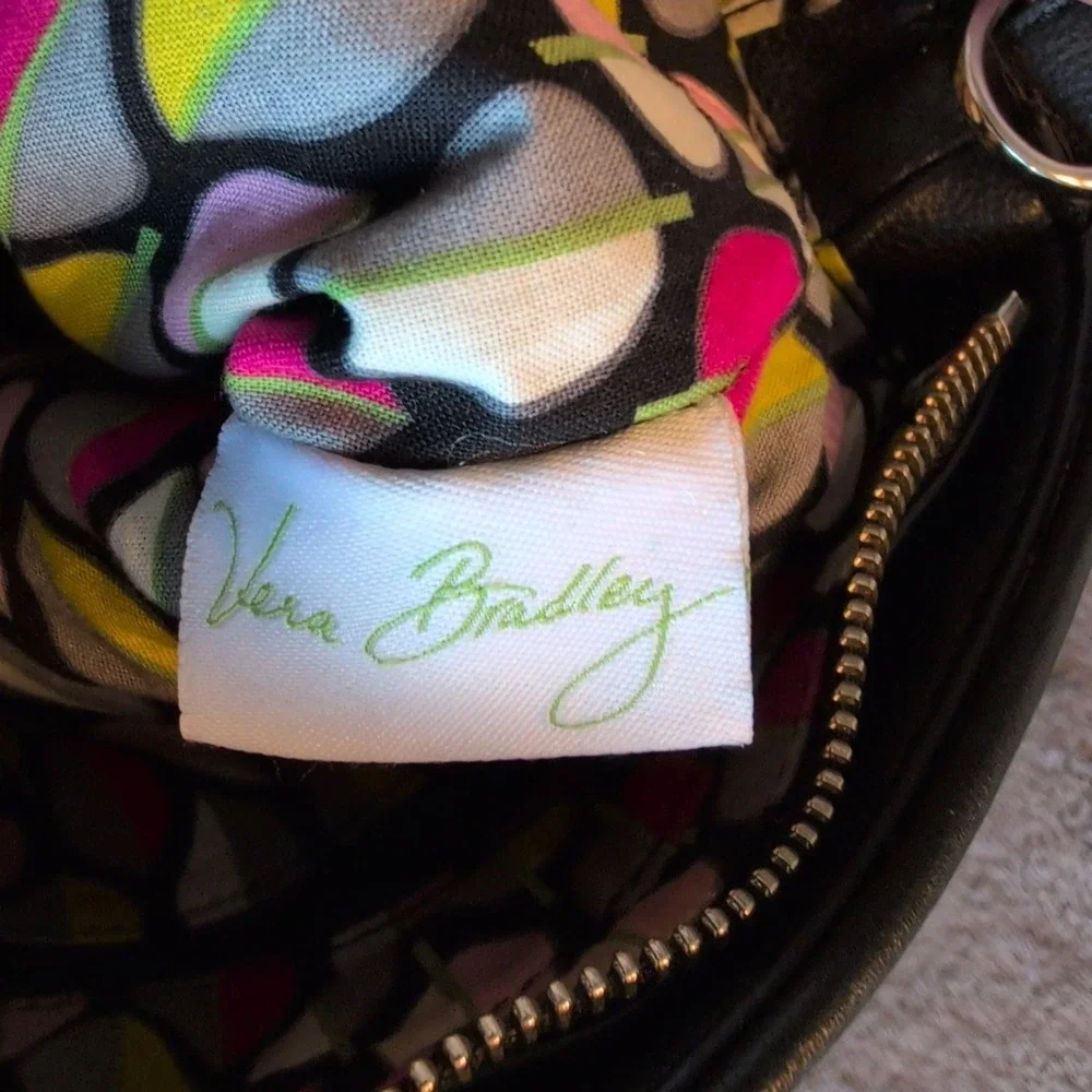 Vera Bradley Black Quilted Microfiber Satchel Handbag with Faux Leather Trim